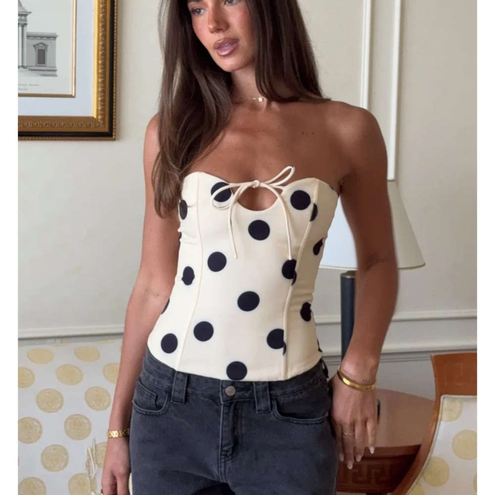 White Fox Boutique Cream Strapless Polka Dot Corset Top with Black Dots